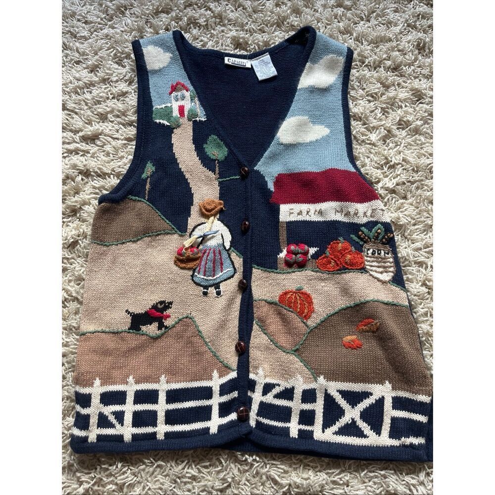 Vintage 90’s Capacity Farm Market Knit Sweater Vest Women’s L Girl & Dog Excelle